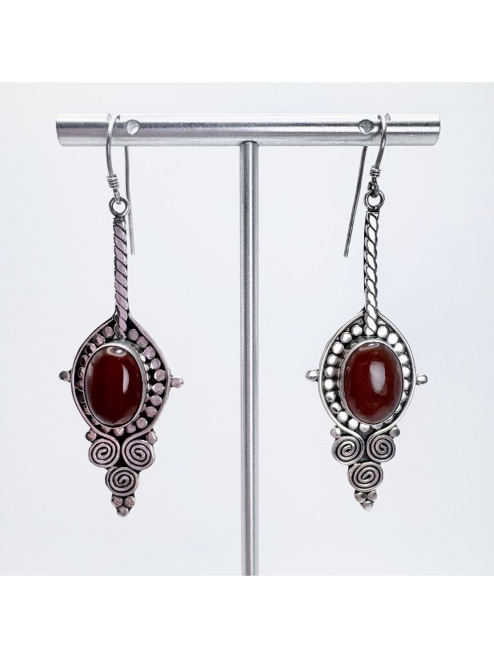 Carnelian Spiral Design Sterling Silver 925 Dangle Earrings Size 2.5" Length